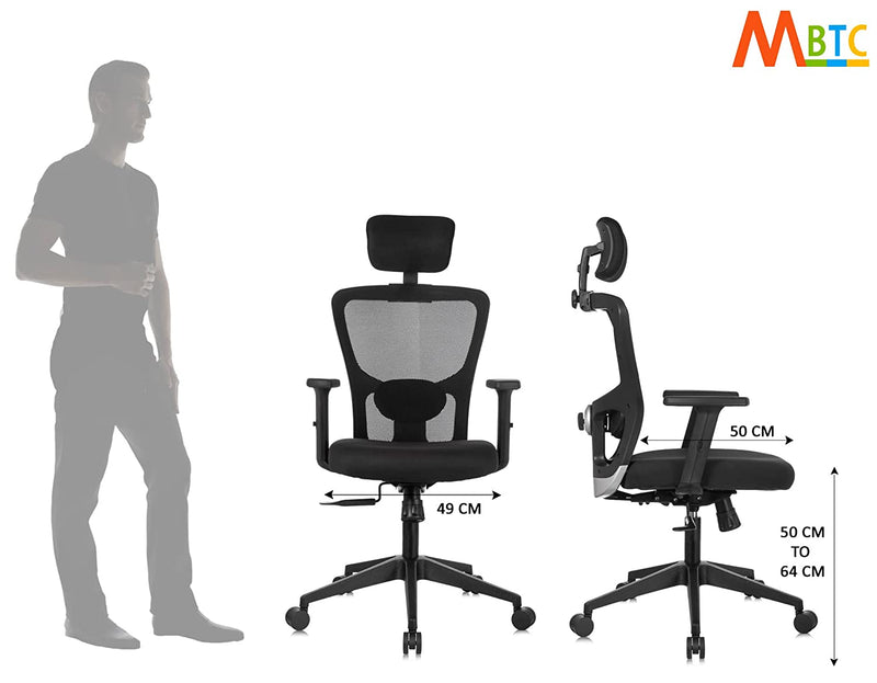 MBTC® Ryzen™ Meshify® Series Ergonomic Office/Work Chair with 2-D Adjustable PU Armrest, 3-D Adjustable Headrest, 3 Way Multi-Tilt Lock Synchro Mechanism & 2-D Adj. Lumbar Support & High Comfort Seating